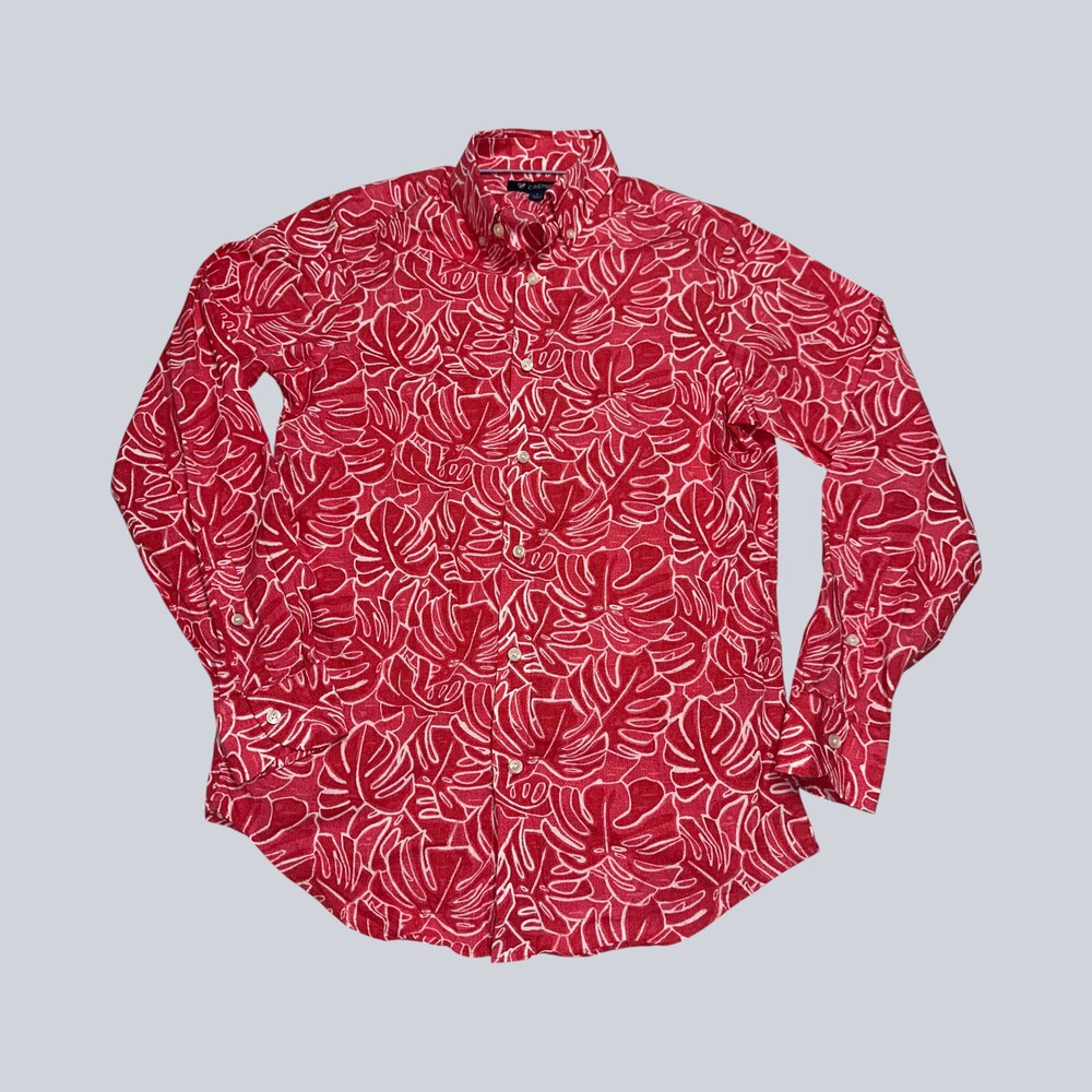 Cremieux Men’s Red White Tropical Leaf Button Down Shirt Size S 100% Cotton